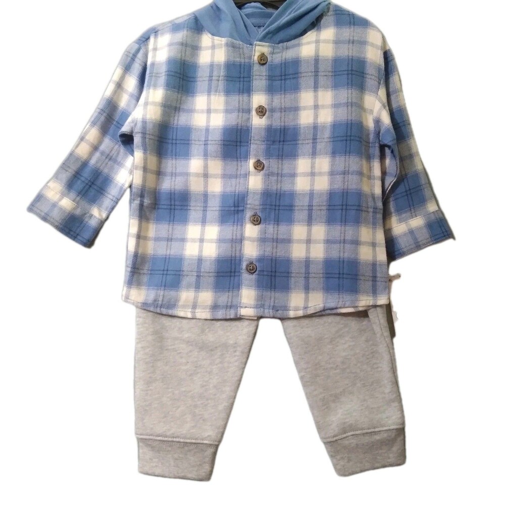 Carters Plaid Flannel Outfit Hooded Sweat Pants Blue Outdoors Play Fall Festival